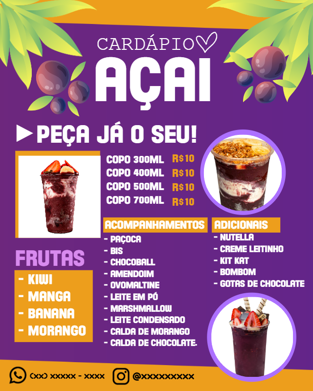 Cardápio de Açaí com Fotos para Editar Online Cardápio de Açaí com Fotos para Editar Online