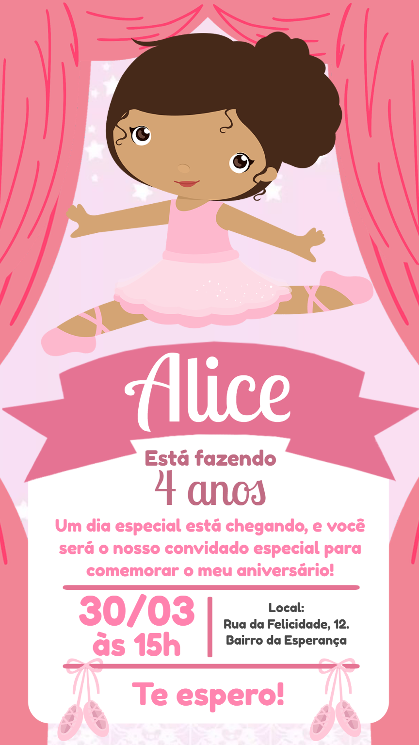 Convite Aniversário Bailarina Morena para Editar Online Convite Aniversário Bailarina Morena para Editar Online
