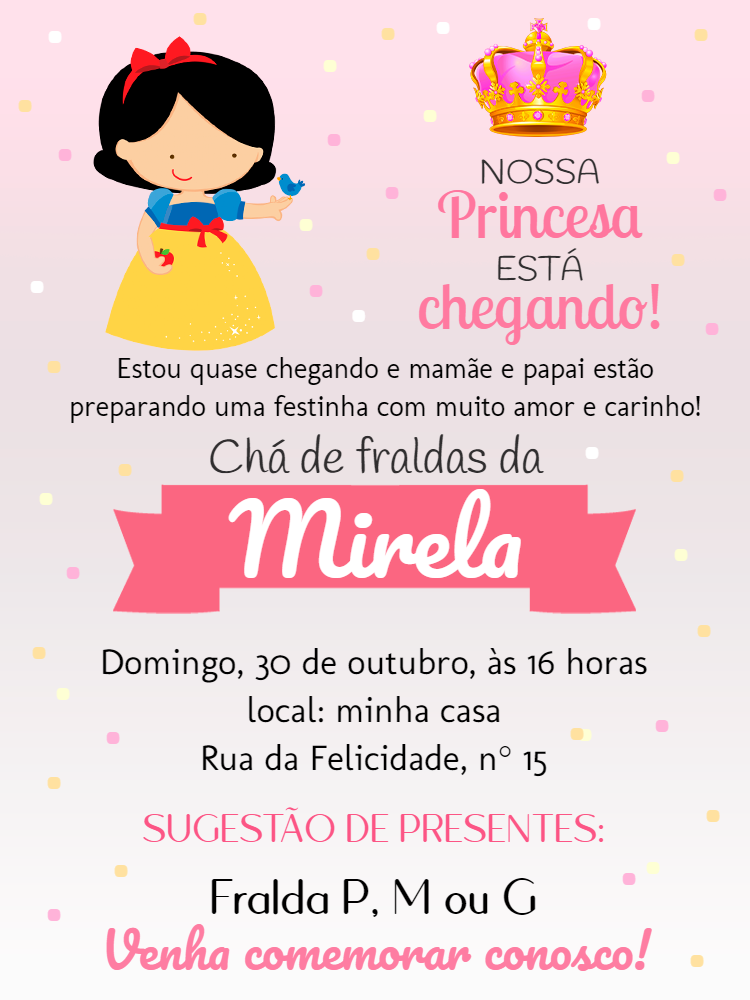 Convite Chá de Fraldas Branca de Neve para Editar Online Convite Chá de Fraldas Branca de Neve para Editar Online