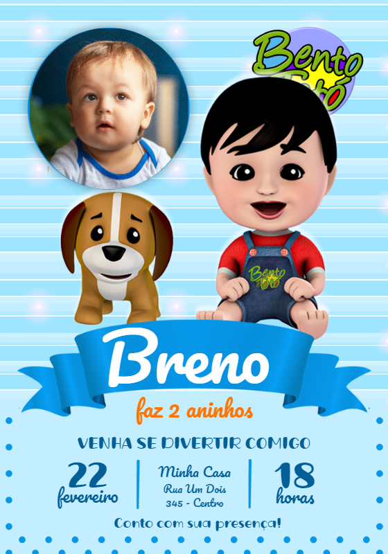 Convite Aniversário Bento e Totó com Foto para Editar Online Convite Aniversário Bento e Totó com Foto para Editar Online