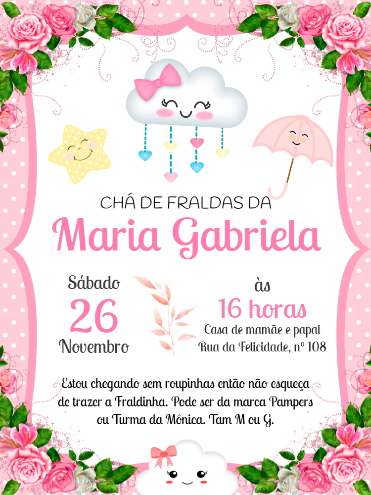 Convite Chá de Fraldas Chuva de Amor Menina para Editar Online Convite Chá de Fraldas Chuva de Amor Menina para Editar Online