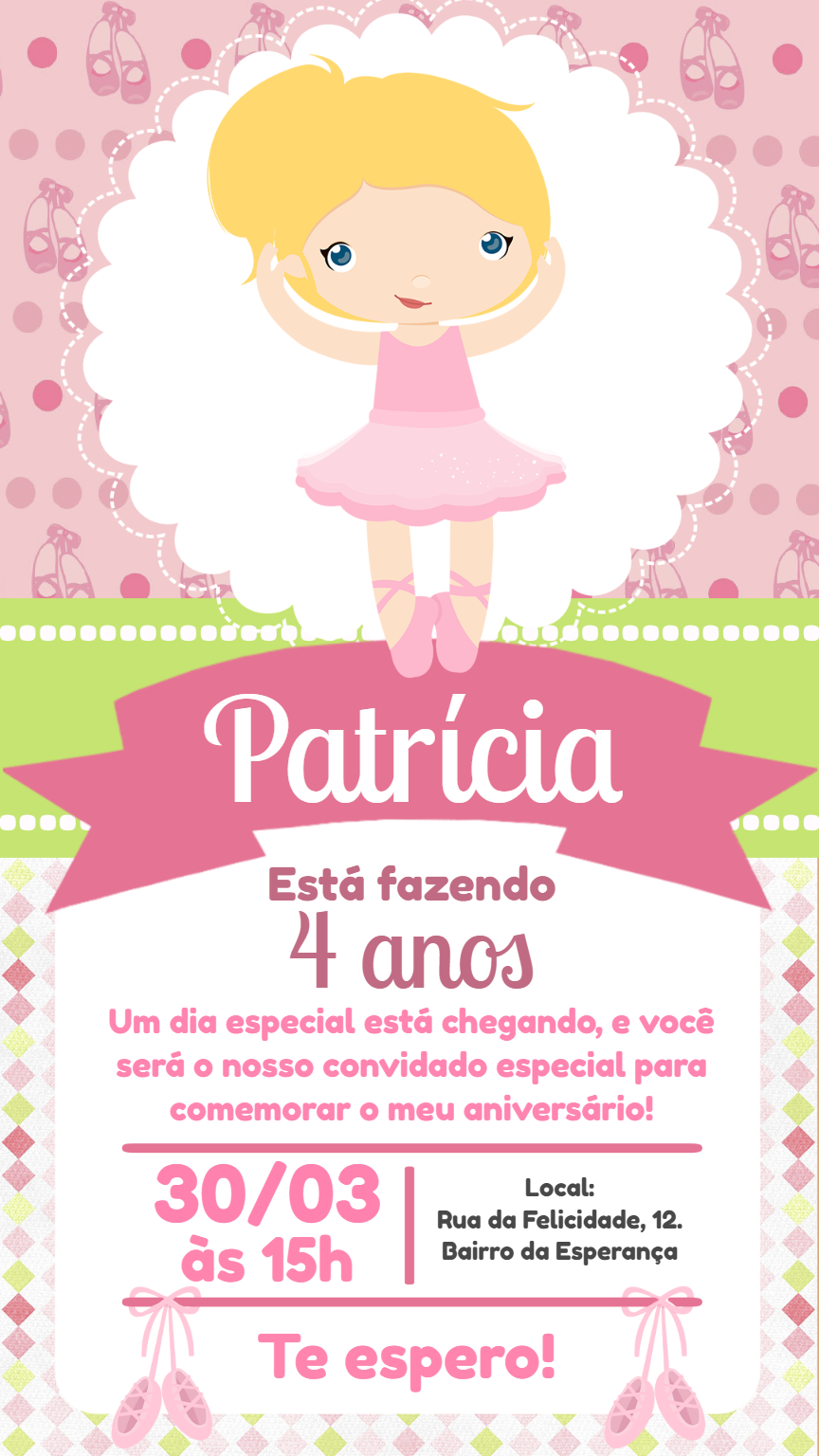 Convite de Aniversário Bailarina Delicada para Editar Online Convite de Aniversário Bailarina Delicada para Editar Online
