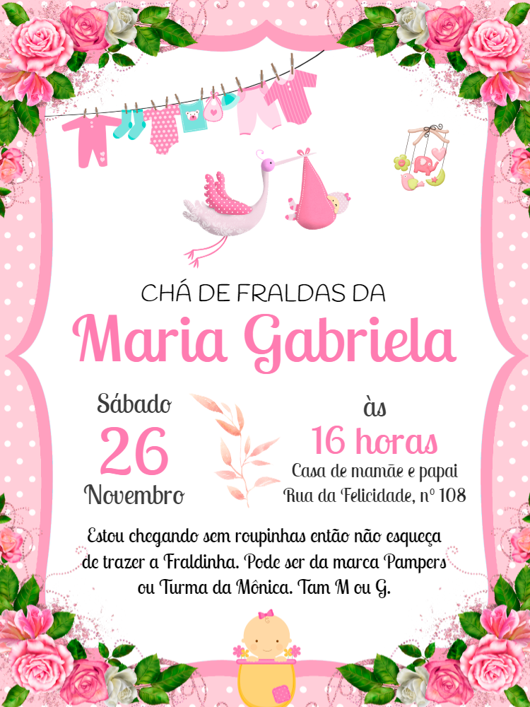 Convite Chá de Fraldas Menina Varal e Cegonha para Editar Convite Chá de Fraldas Menina Varal e Cegonha para Editar