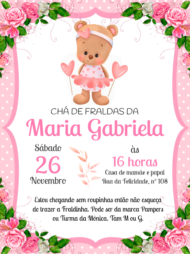 Convite Chá de Fraldas Ursinha Rosa para Editar Online Convite Chá de Fraldas Ursinha Rosa para Editar Online