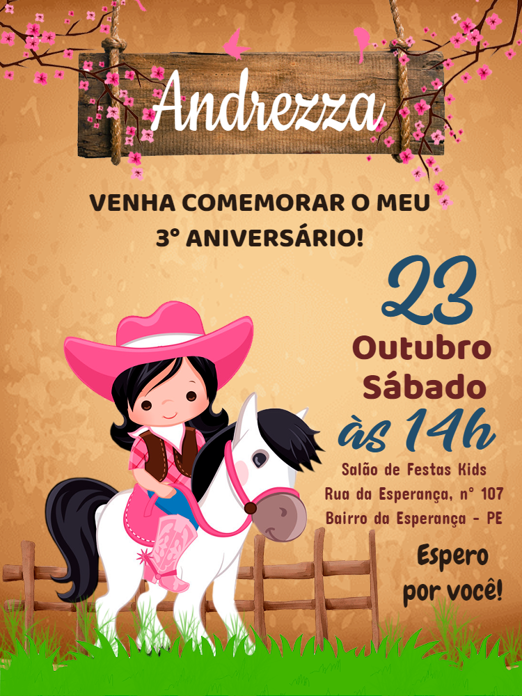 Convite Aniversário Vaqueira Menina para Editar e Imprimir