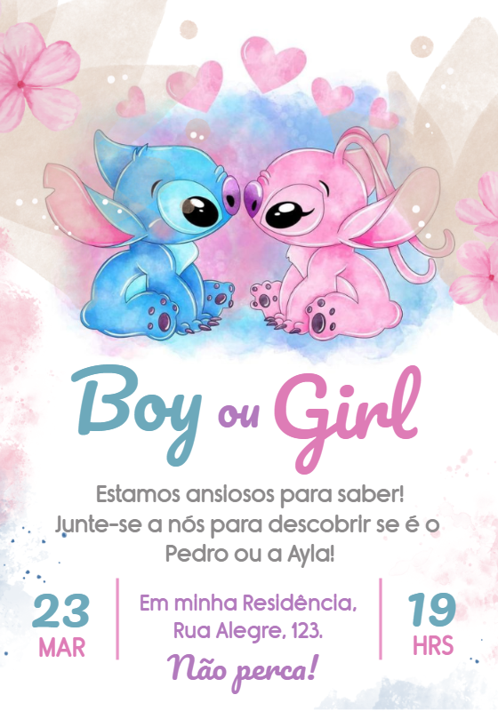 Convite Chá Revelação Stitch e Angel para Editar Online Convite Chá Revelação Stitch e Angel para Editar Online