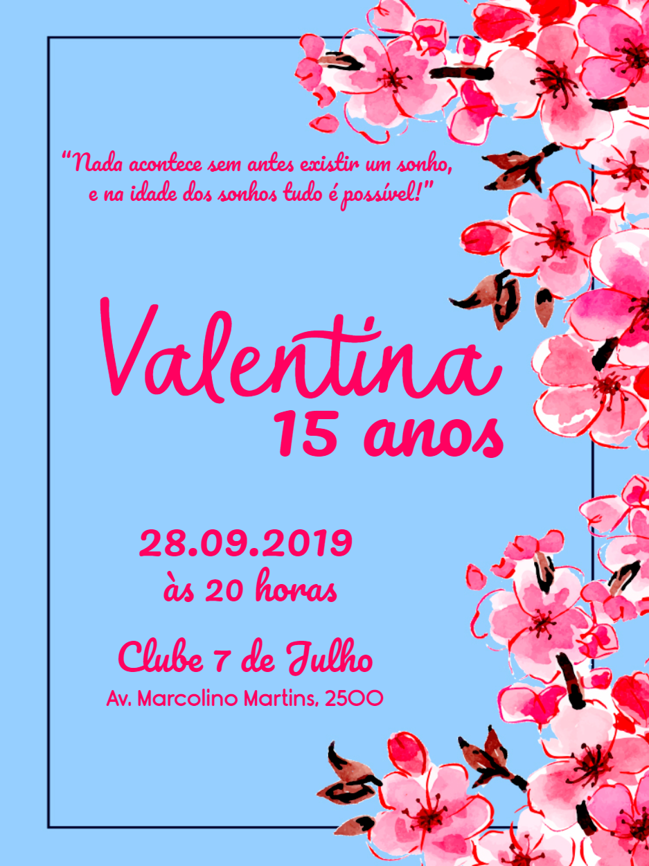 Convite 15 Anos Floral Cerejeira Azul e Rosa para Editar Convite 15 Anos Floral Cerejeira Azul e Rosa para Editar