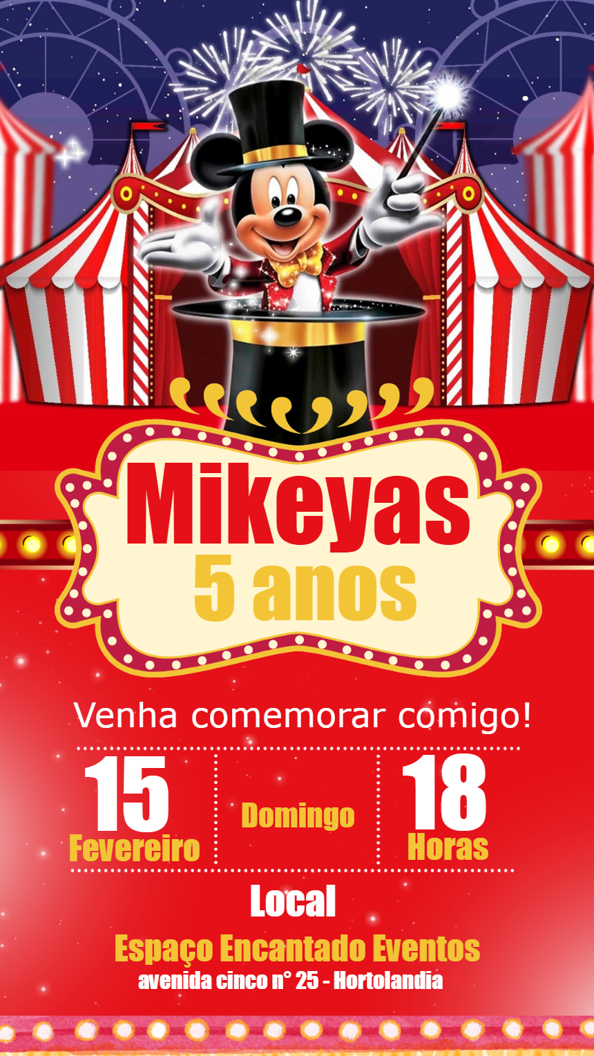 Convite Aniversário Circo do Mickey Mouse para Editar Online Convite Aniversário Circo do Mickey Mouse para Editar Online