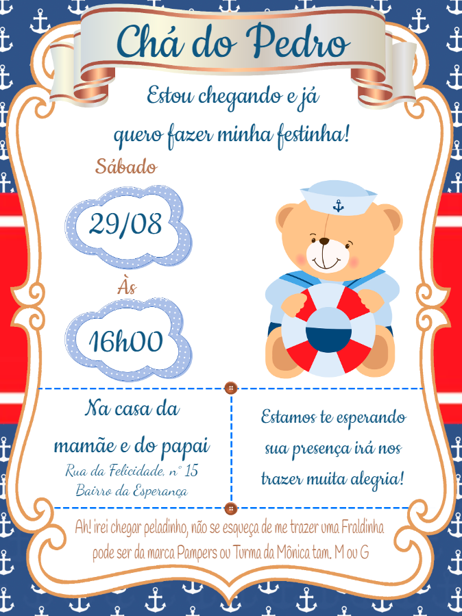 Convite Chá de Fraldas Ursinho Marinheiro para Editar Online Convite Chá de Fraldas Ursinho Marinheiro para Editar Online