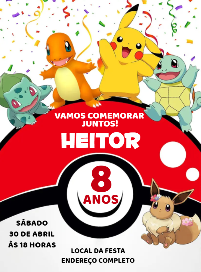 Convite de Aniversário Pokémon com Personagens para Editar Online Convite de Aniversário Pokémon com Personagens para Editar Online