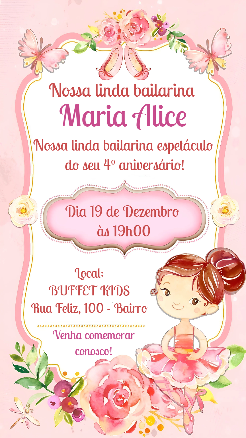Convite Aniversário Bailarina Delicado para Editar Online Convite Aniversário Bailarina Delicado para Editar Online