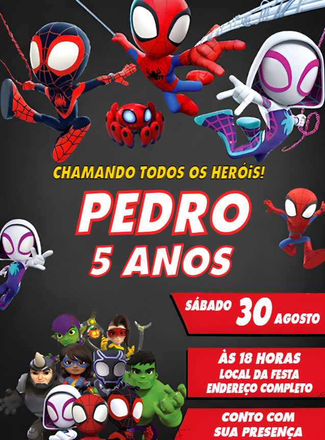 Convite Aniversário Spidey e seus Amigos para Editar Online Convite Aniversário Spidey e seus Amigos para Editar Online