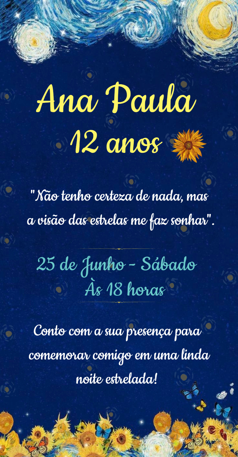 Convite Aniversário Noite Estrelada Van Gogh para Editar Online Convite Aniversário Noite Estrelada Van Gogh para Editar Online