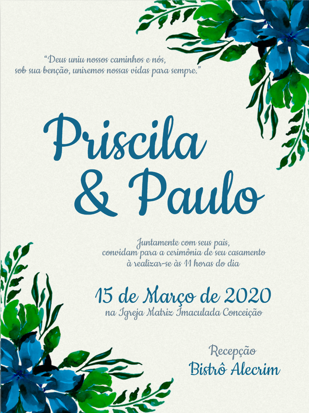 Convite de Casamento Floral Azul para Editar Online