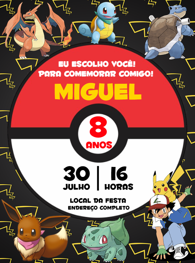 Convite de Aniversário Pokémon com Personagens para Editar Online Convite de Aniversário Pokémon com Personagens para Editar Online
