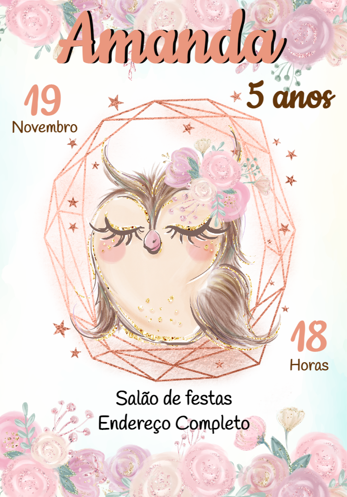 Convite Aniversário Coruja com Flores para Editar Online Convite Aniversário Coruja com Flores para Editar Online