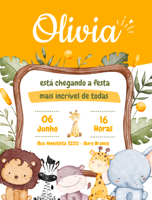 Convite de Aniversário Safari Aquarela para Editar Online
