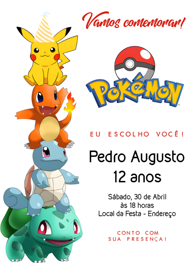 Convite de Aniversário Pokémon com Personagens para Editar Online Convite de Aniversário Pokémon com Personagens para Editar Online