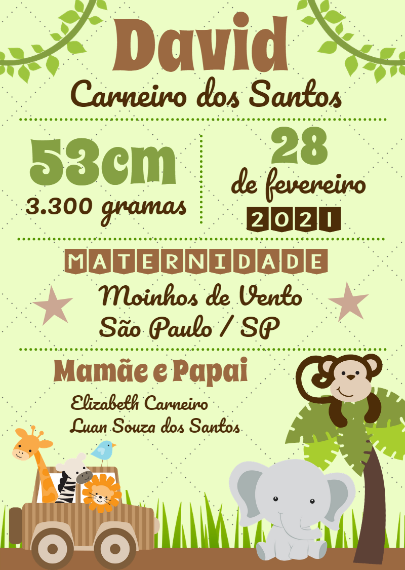 Quadro de Nascimento Bebê Safari para Editar Online Quadro de Nascimento Bebê Safari para Editar Online