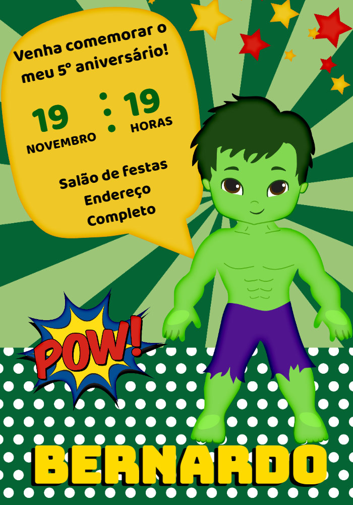Convite de Aniversário Hulk Cute Baby para Editar Online Convite de Aniversário Hulk Cute Baby para Editar Online