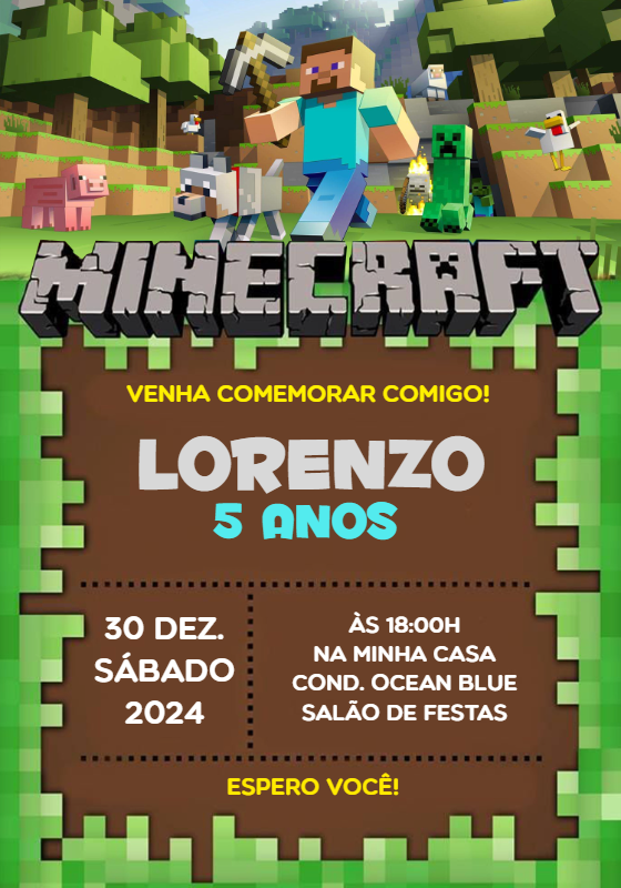 Convite de Aniversário Minecraft com Personagens para Editar Online Convite de Aniversário Minecraft com Personagens para Editar Online