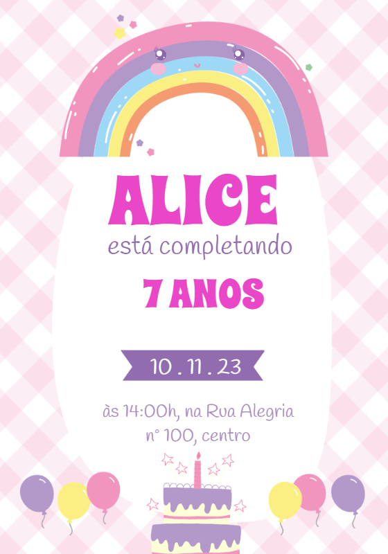 Convite de Aniversário Arco-íris Fofo para Editar Online Convite de Aniversário Arco-íris Fofo para Editar Online