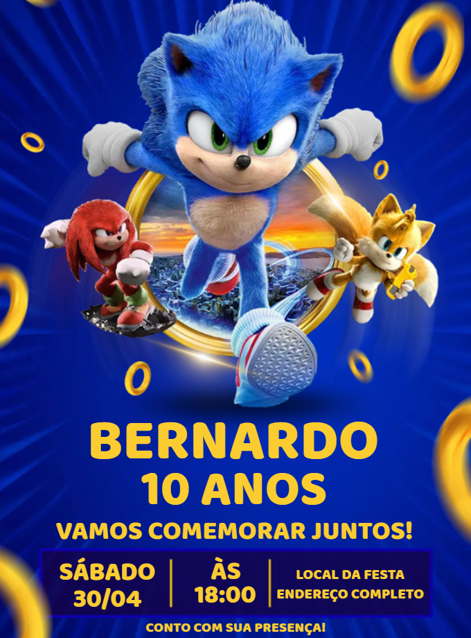 Convite de Aniversário Sonic com Personagens para Editar Online Convite de Aniversário Sonic com Personagens para Editar Online