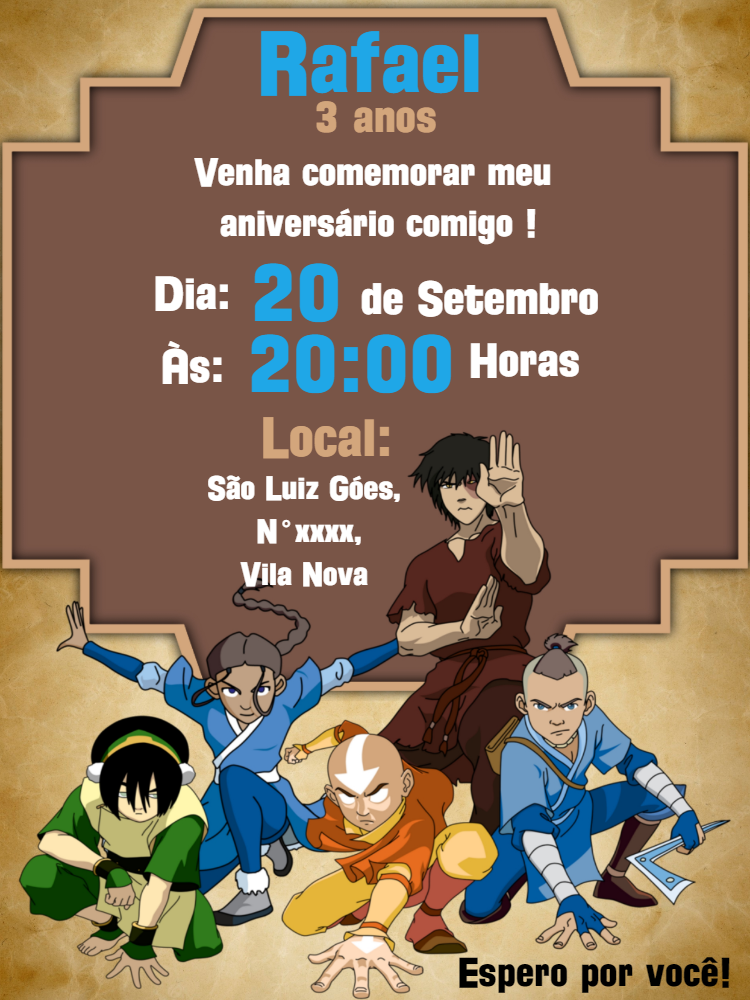 Convite de Aniversário Avatar: A Lenda de Aang para Editar Convite de Aniversário Avatar: A Lenda de Aang para Editar