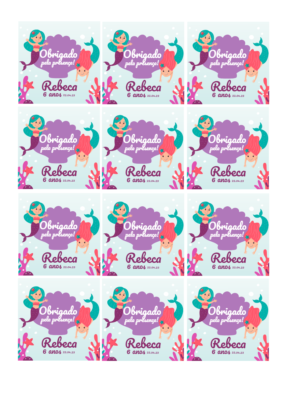 Tag de Aniversário Sereia Editável para Lembrancinha Tag de Aniversário Sereia Editável para Lembrancinha