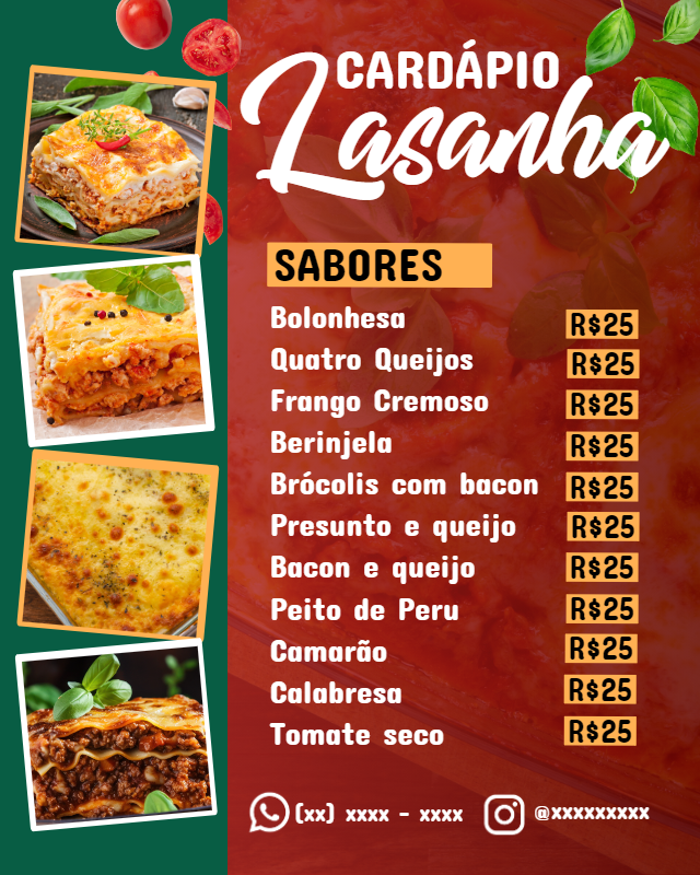 Cardápio de Lasanha com Sabores e Preços para Editar Online Cardápio de Lasanha com Sabores e Preços para Editar Online