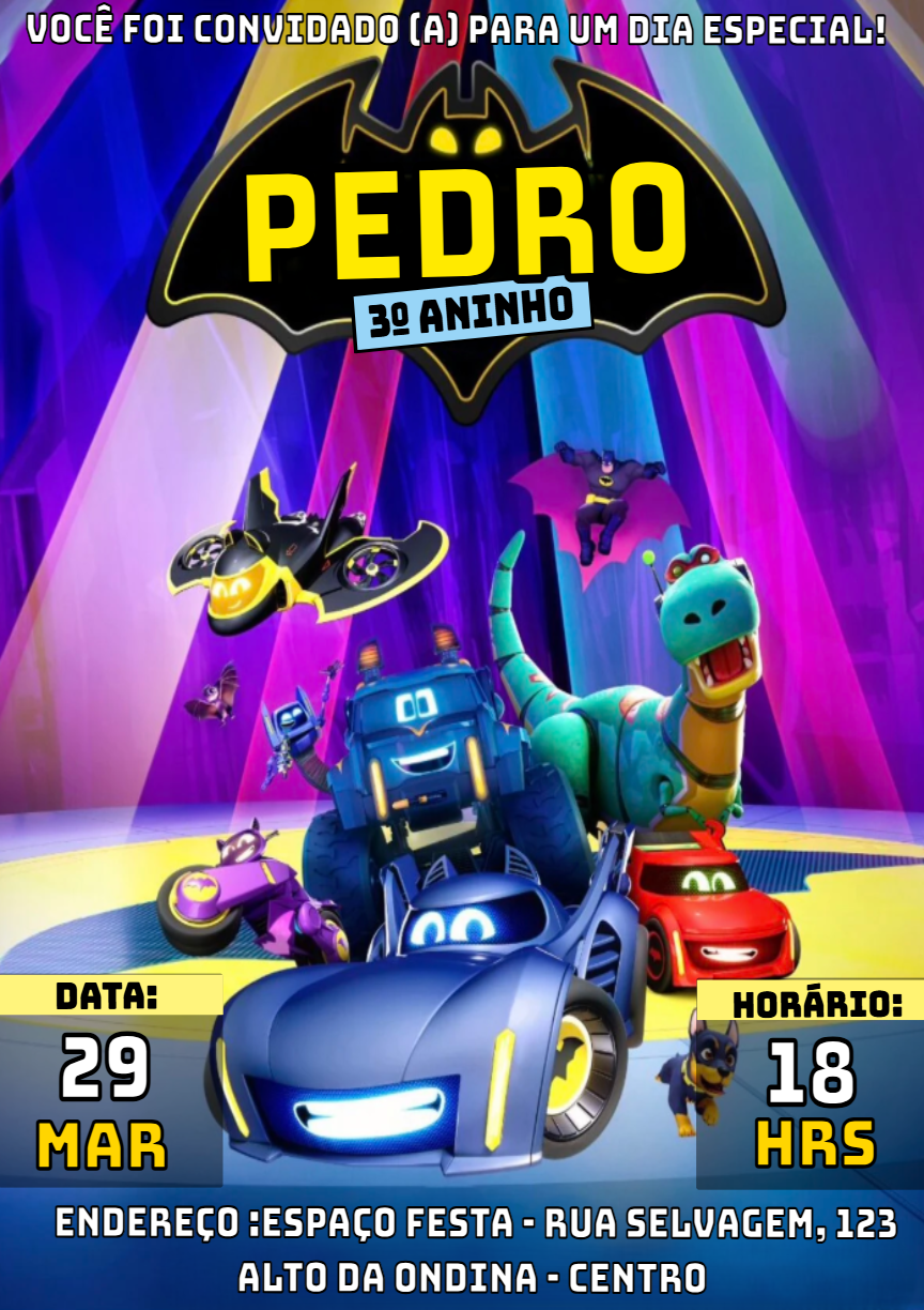 Convite de Aniversário Batwheels com Personagens para Editar Convite de Aniversário Batwheels com Personagens para Editar