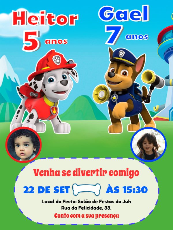 Convite Aniversário Duplo Patrulha Canina com Foto para Editar Convite Aniversário Duplo Patrulha Canina com Foto para Editar