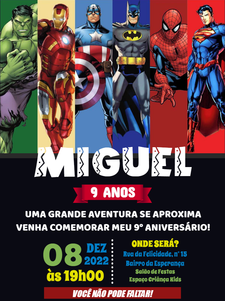 Convite de Aniversário Super-Heróis para Editar Online Convite de Aniversário Super-Heróis para Editar Online