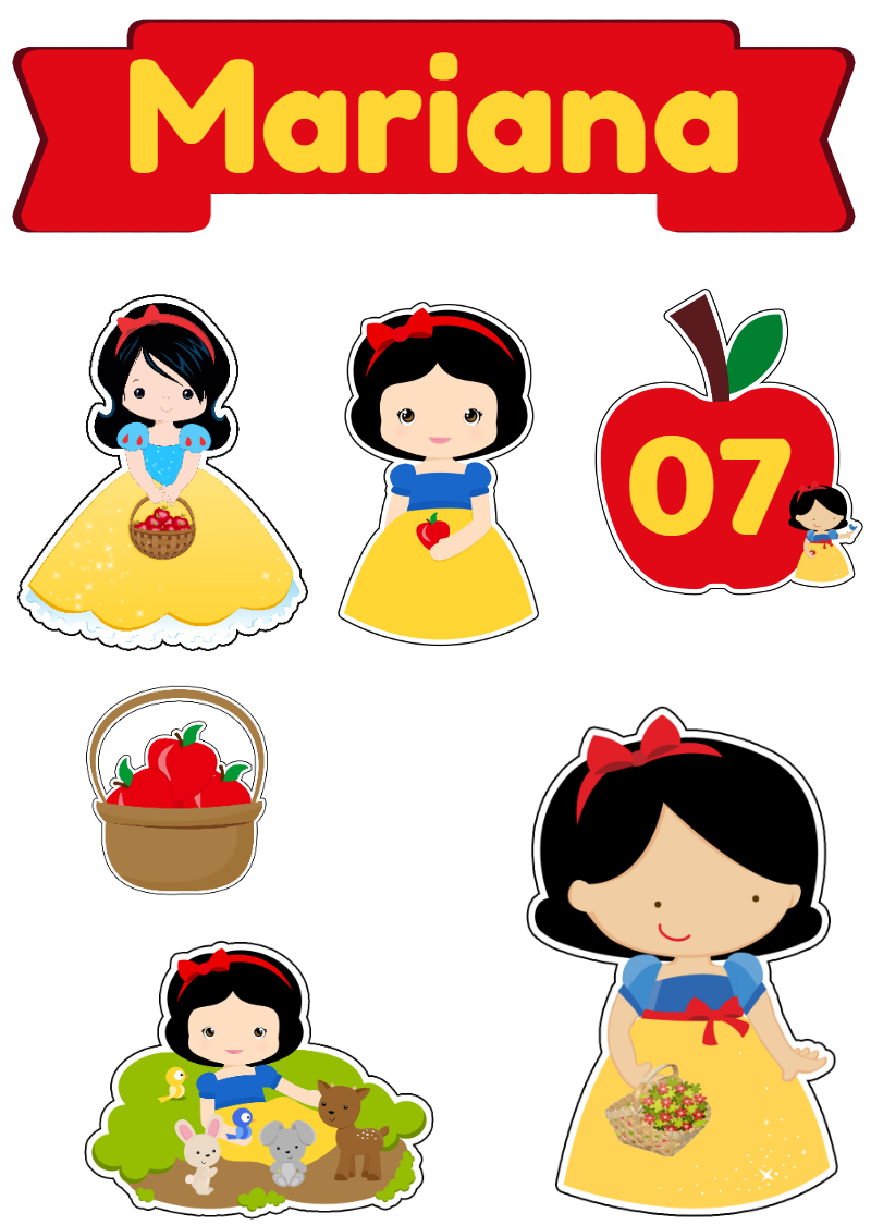 Topo de Bolo Branca de Neve com Personagens para Editar Online