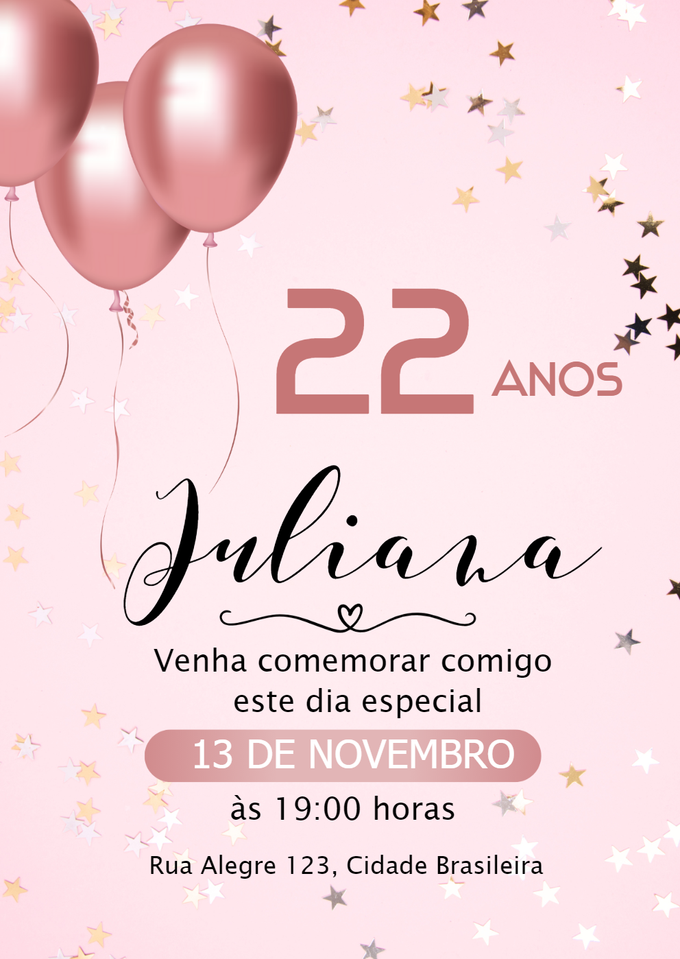 Convite Aniversário Feminino com Balões Rose Gold para Editar Convite Aniversário Feminino com Balões Rose Gold para Editar