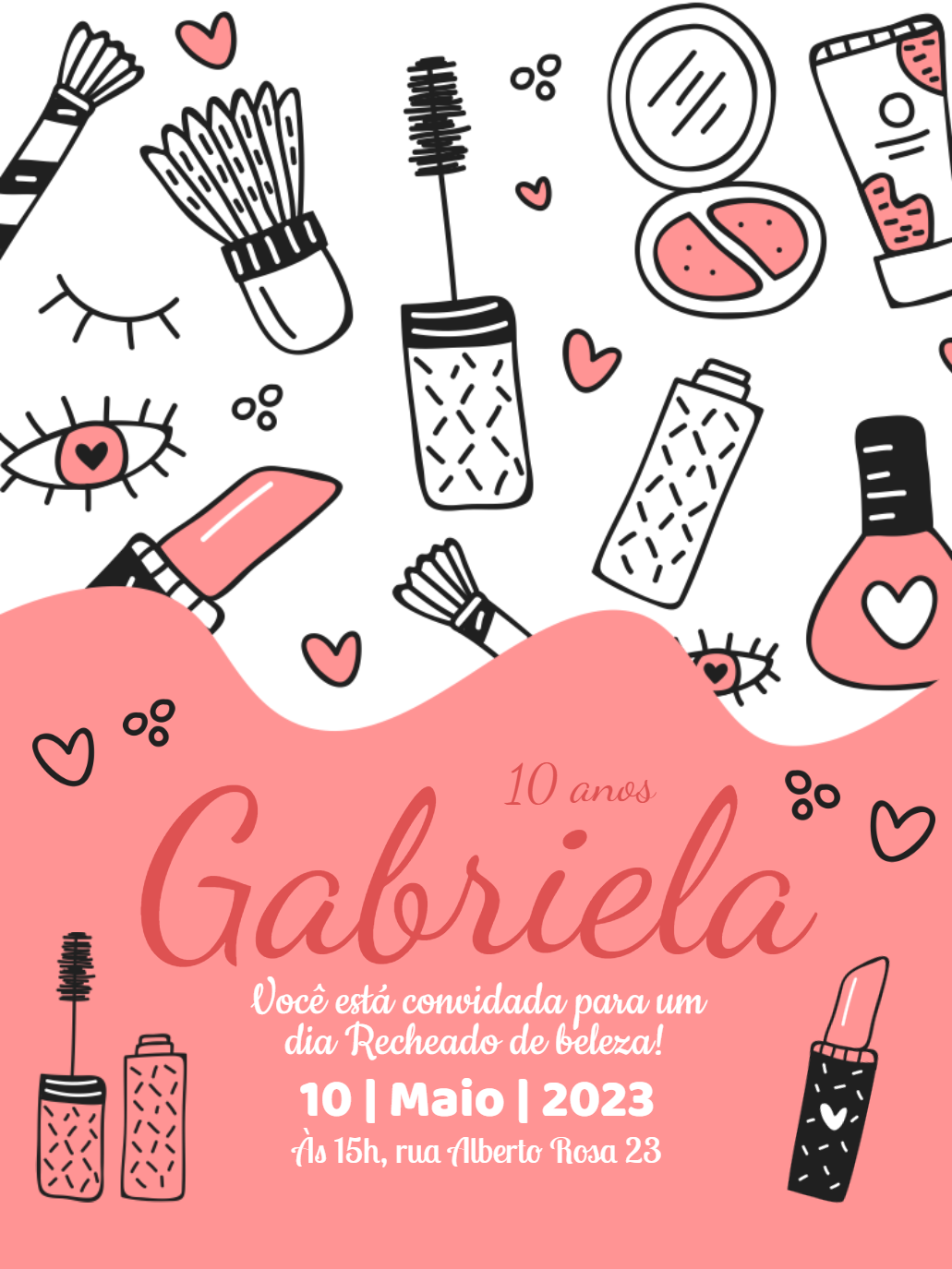 Convite de Aniversário Maquiagem com Doodles para Editar Online Convite de Aniversário Maquiagem com Doodles para Editar Online