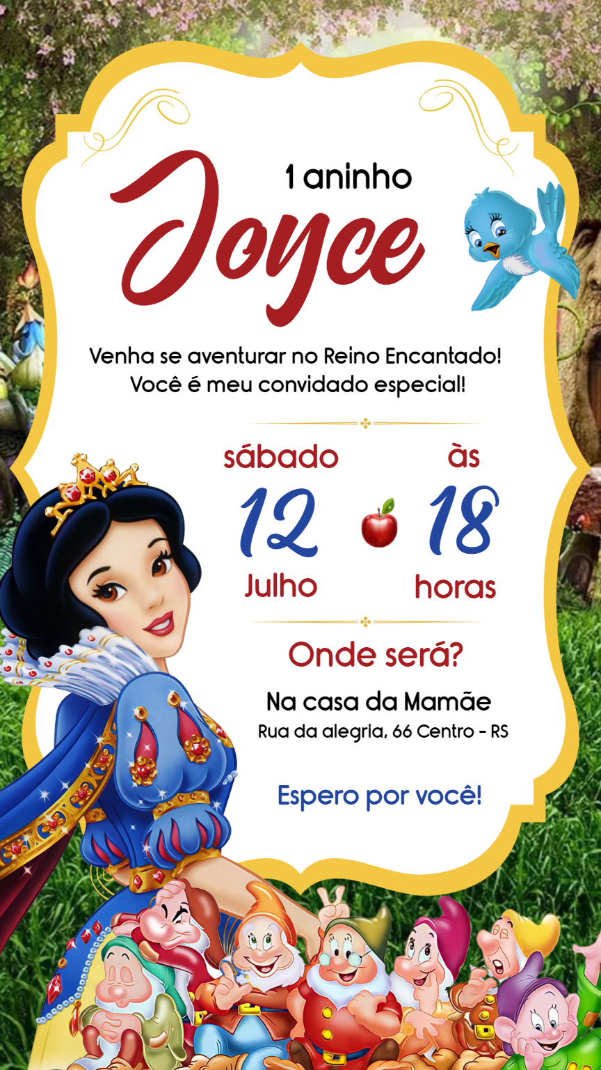 Convite de Aniversário Branca de Neve com Personagens para Editar Convite de Aniversário Branca de Neve com Personagens para Editar