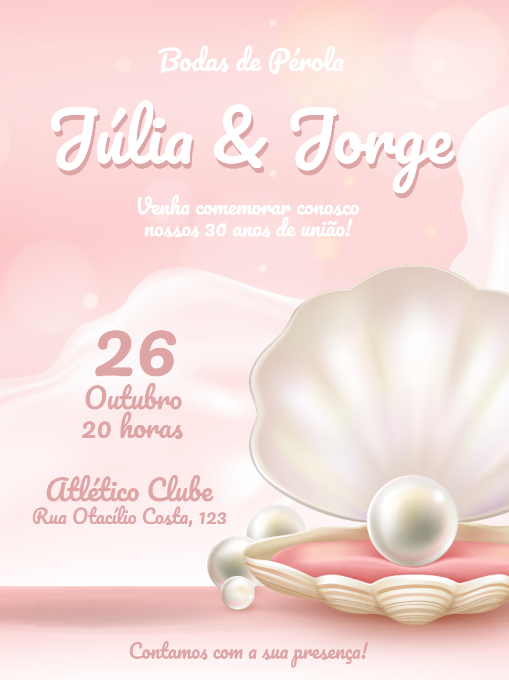 Convite Bodas de Pérola com Concha para Editar Online Convite Bodas de Pérola com Concha para Editar Online