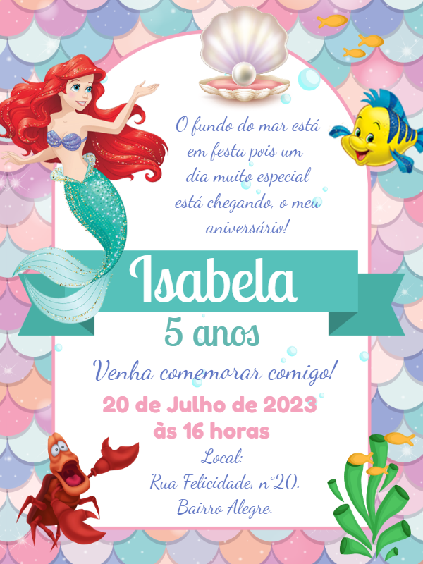 Convite Aniversário Pequena Sereia Ariel para Editar Online Convite Aniversário Pequena Sereia Ariel para Editar Online