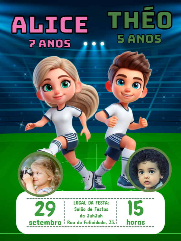 Convite Aniversário Futebol Duplo Menina e Menino com Foto para Editar Convite Aniversário Futebol Duplo Menina e Menino com Foto para Editar