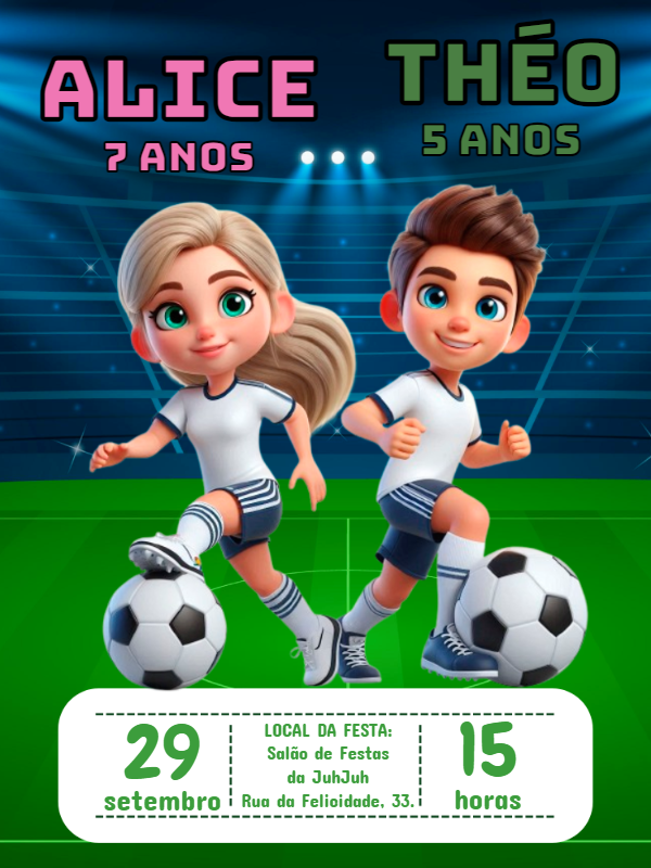 Convite Aniversário Futebol Duplo Menina e Menino para Editar Convite Aniversário Futebol Duplo Menina e Menino para Editar