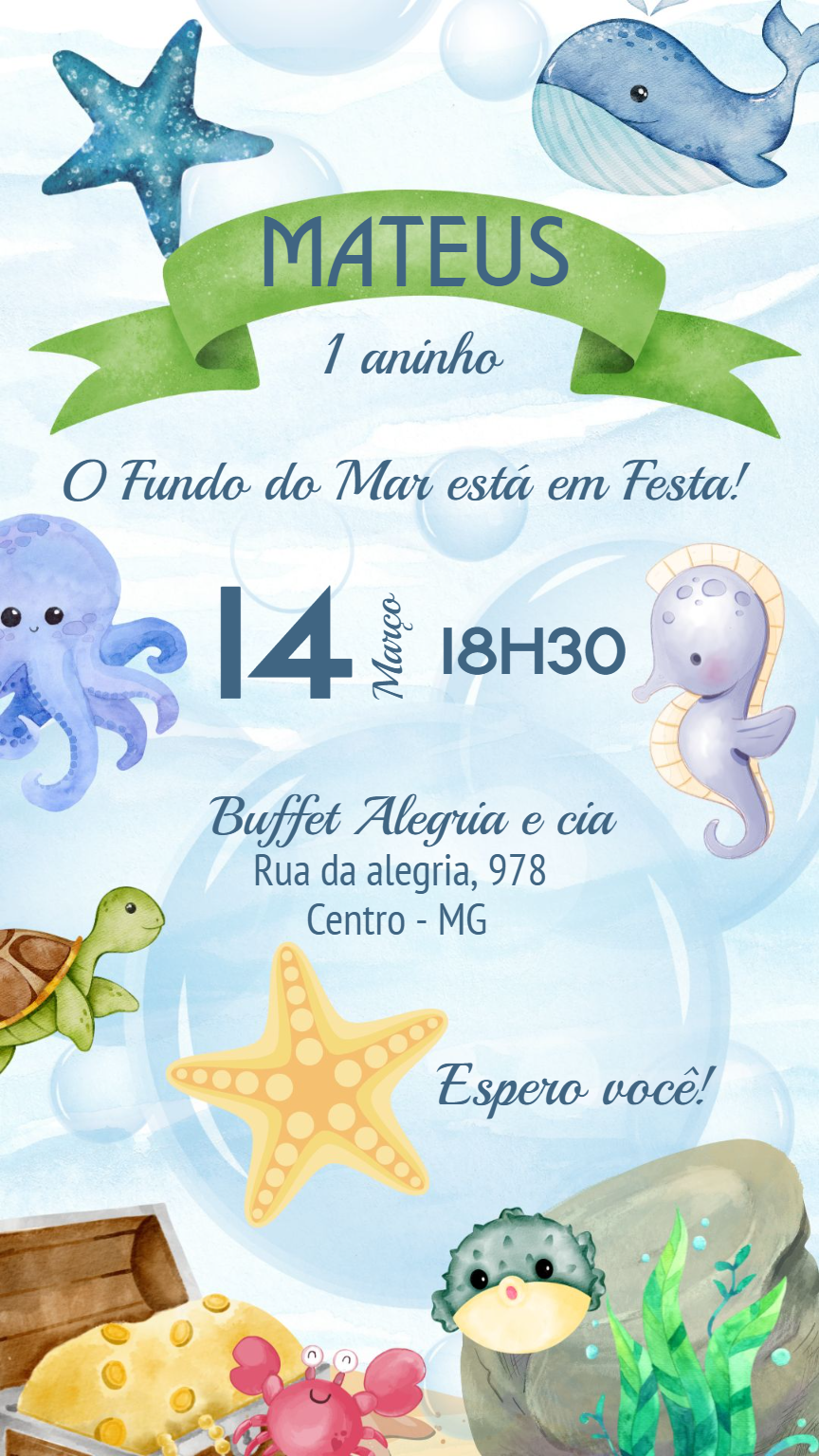 Convite Aniversário Fundo do Mar para Editar Online
