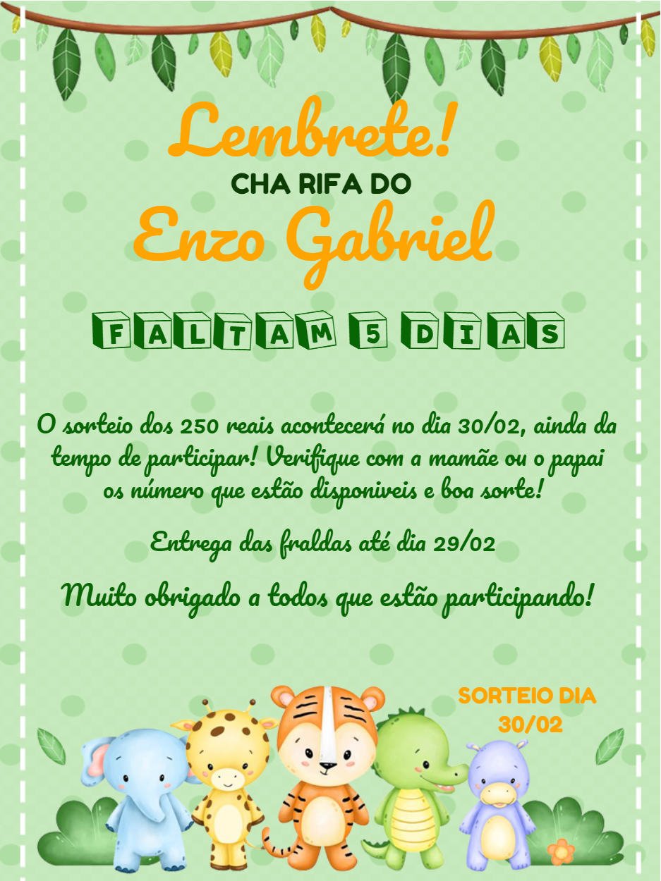 Lembrete Chá Rifa Safari com Animais Fofos para Editar Lembrete Chá Rifa Safari com Animais Fofos para Editar