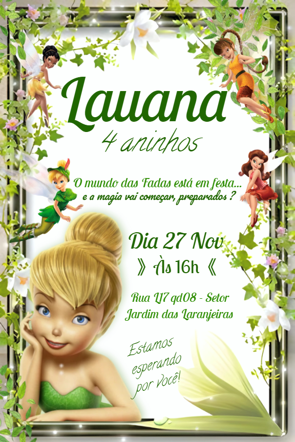 Convite de Aniversário Sininho e Fadas para Editar Online Convite de Aniversário Sininho e Fadas para Editar Online