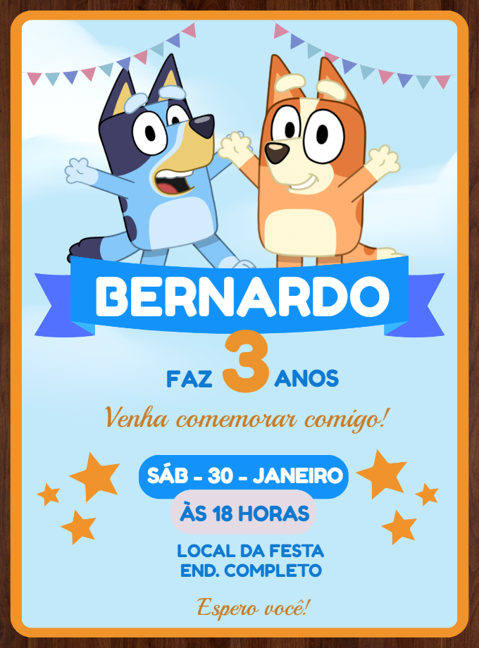 Convite de Aniversário Bluey e Bingo para Editar Online
