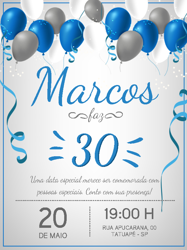 Convite Aniversário Masculino Balões Azul e Prata para Editar Convite Aniversário Masculino Balões Azul e Prata para Editar