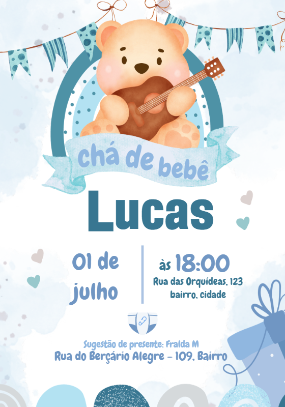Convite Chá de Bebê Ursinho Fofo para Editar Online Convite Chá de Bebê Ursinho Fofo para Editar Online