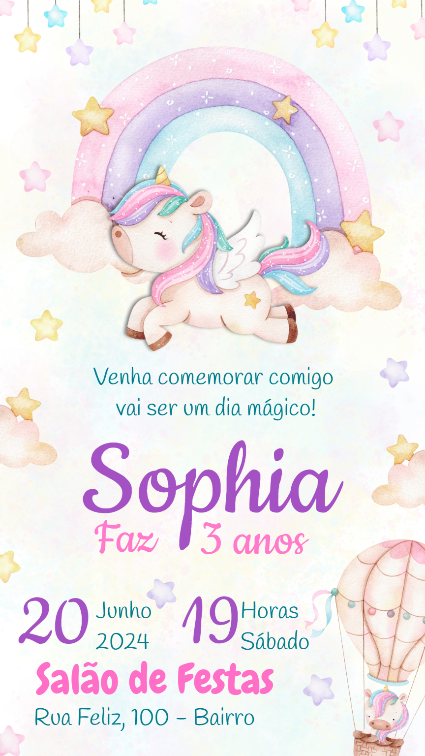 Convite de Aniversário Unicórnio Mágico para Editar Online Convite de Aniversário Unicórnio Mágico para Editar Online