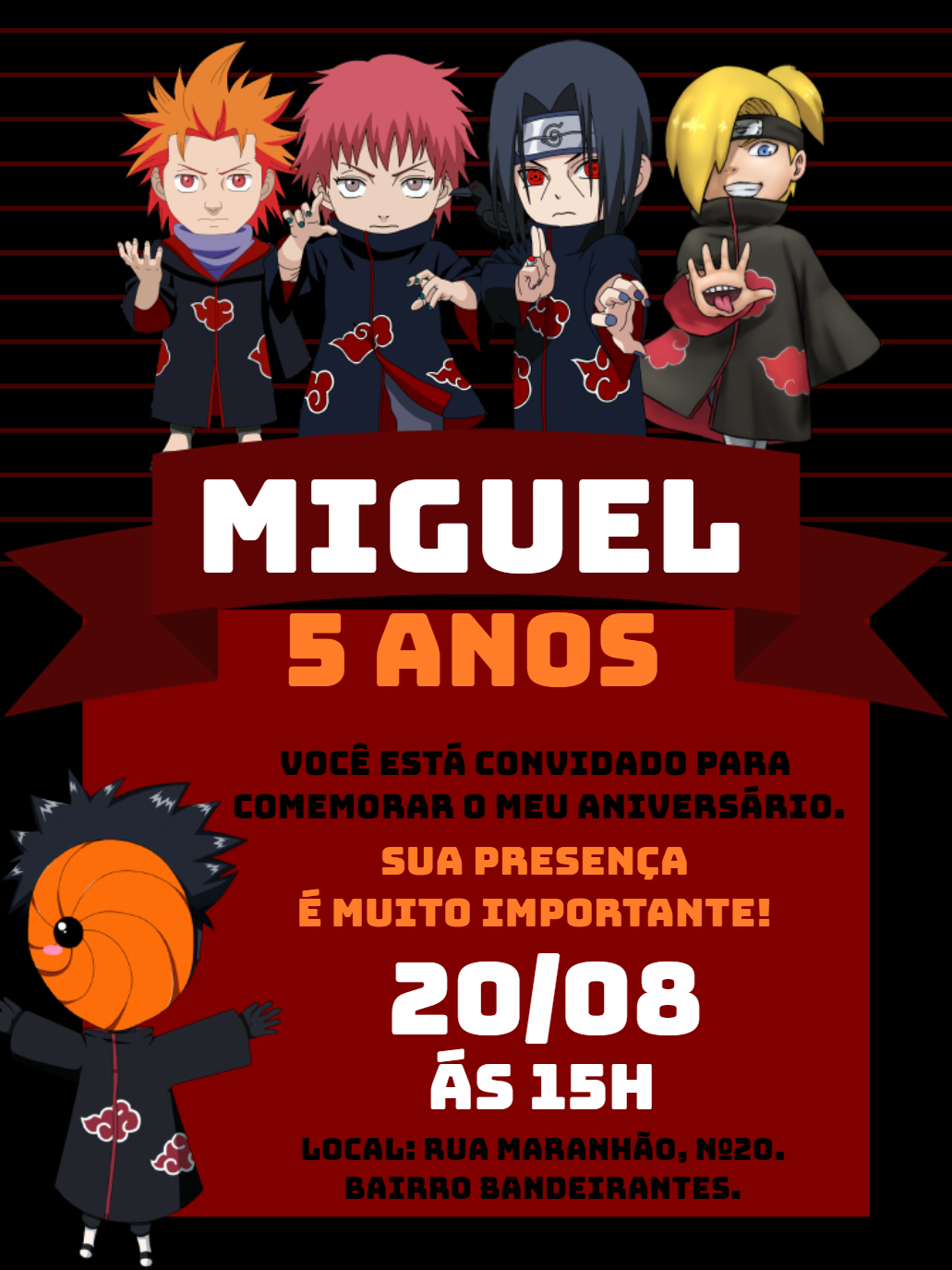 Convite de Aniversário Akatsuki com Personagens para Editar Convite de Aniversário Akatsuki com Personagens para Editar