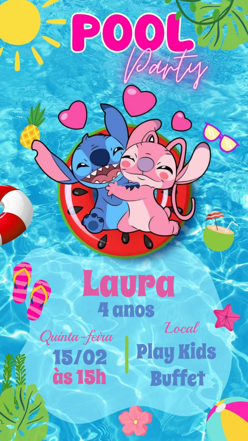 Convite de Aniversário Stitch e Angel Pool Party para Editar Convite de Aniversário Stitch e Angel Pool Party para Editar
